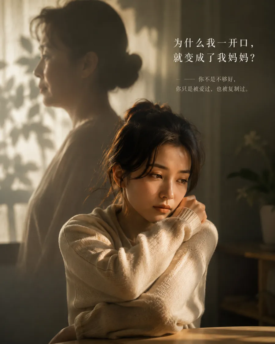 窗边的女人，身后墙上映着母亲的侧影
