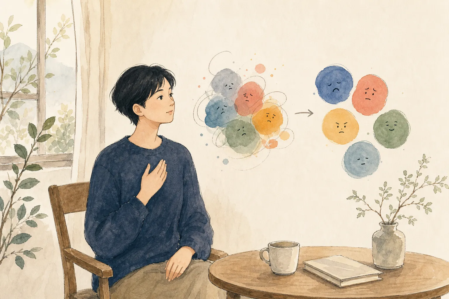一位女士看着一团杂乱的情绪色块，变得平静清晰