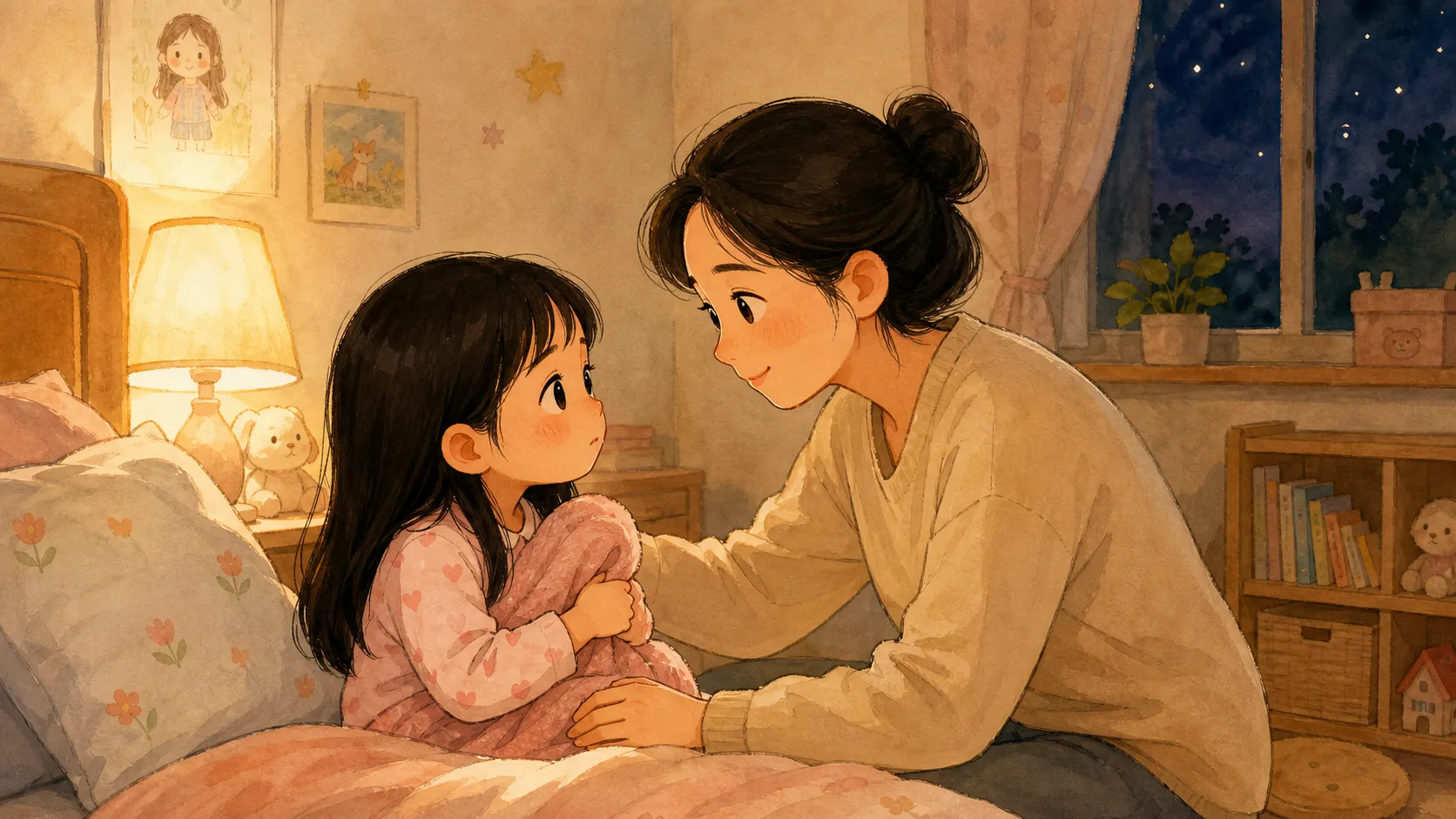 妈妈在床边轻声安抚女儿